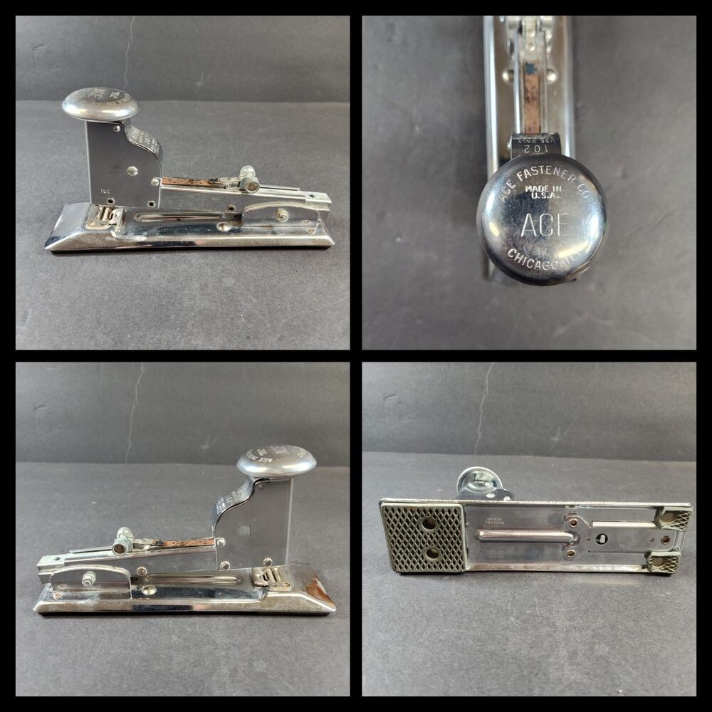 VINTAGE OFFICE DESK 6 1/2" LONG ACE FASTENER CO PILOT STAPLER No. 102 Functions